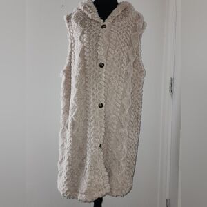 Ivory Hooded Cable Knit Sleeveless Button Sweater Vest Acrylic Women
